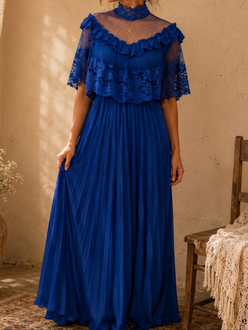 V I N T A G E:: ILGWU 50/60s Blue Lace Pleated Maxi Dress